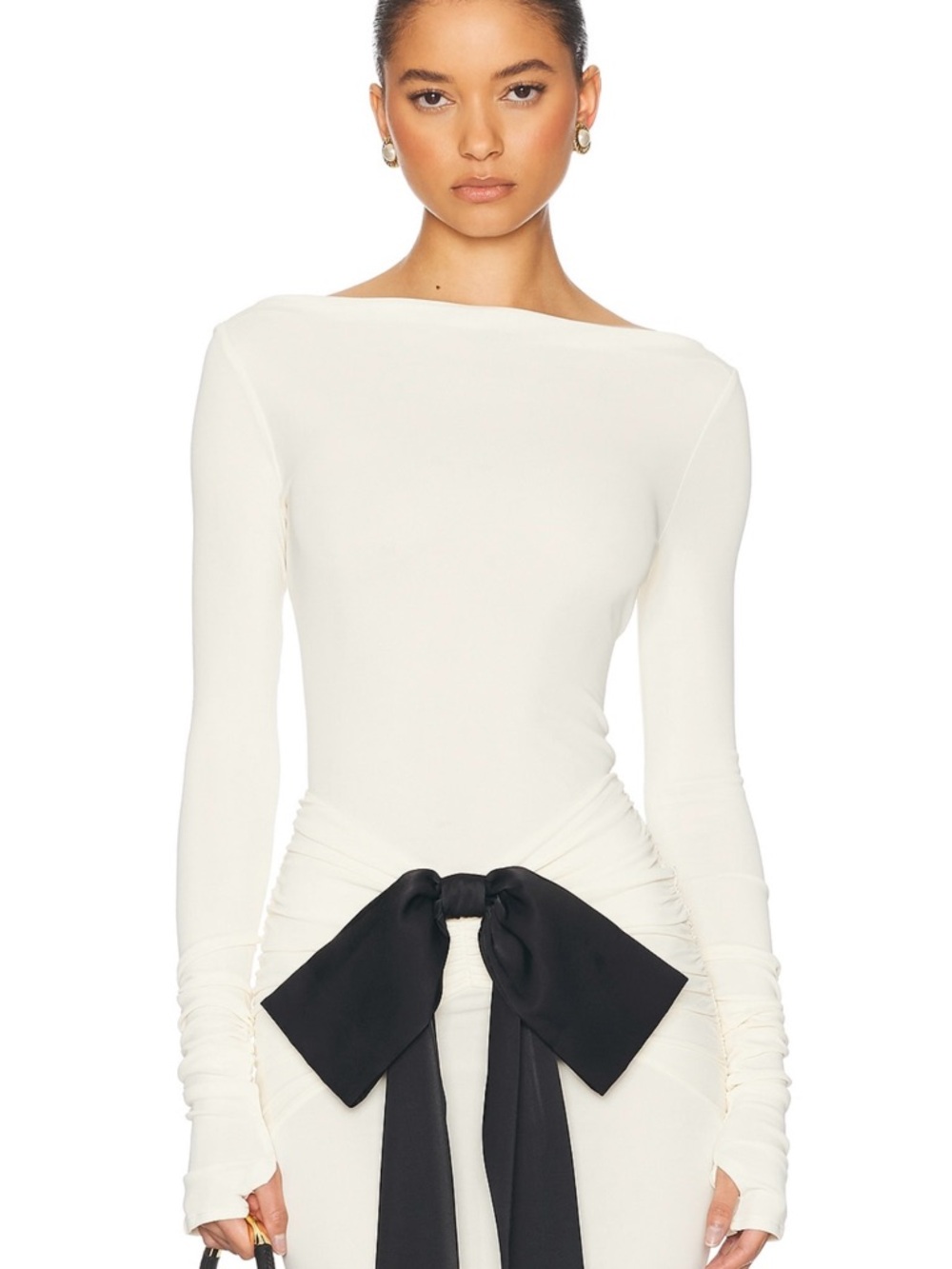 HELSA matte jersey long sleeve top and althea jersey skirt with bow